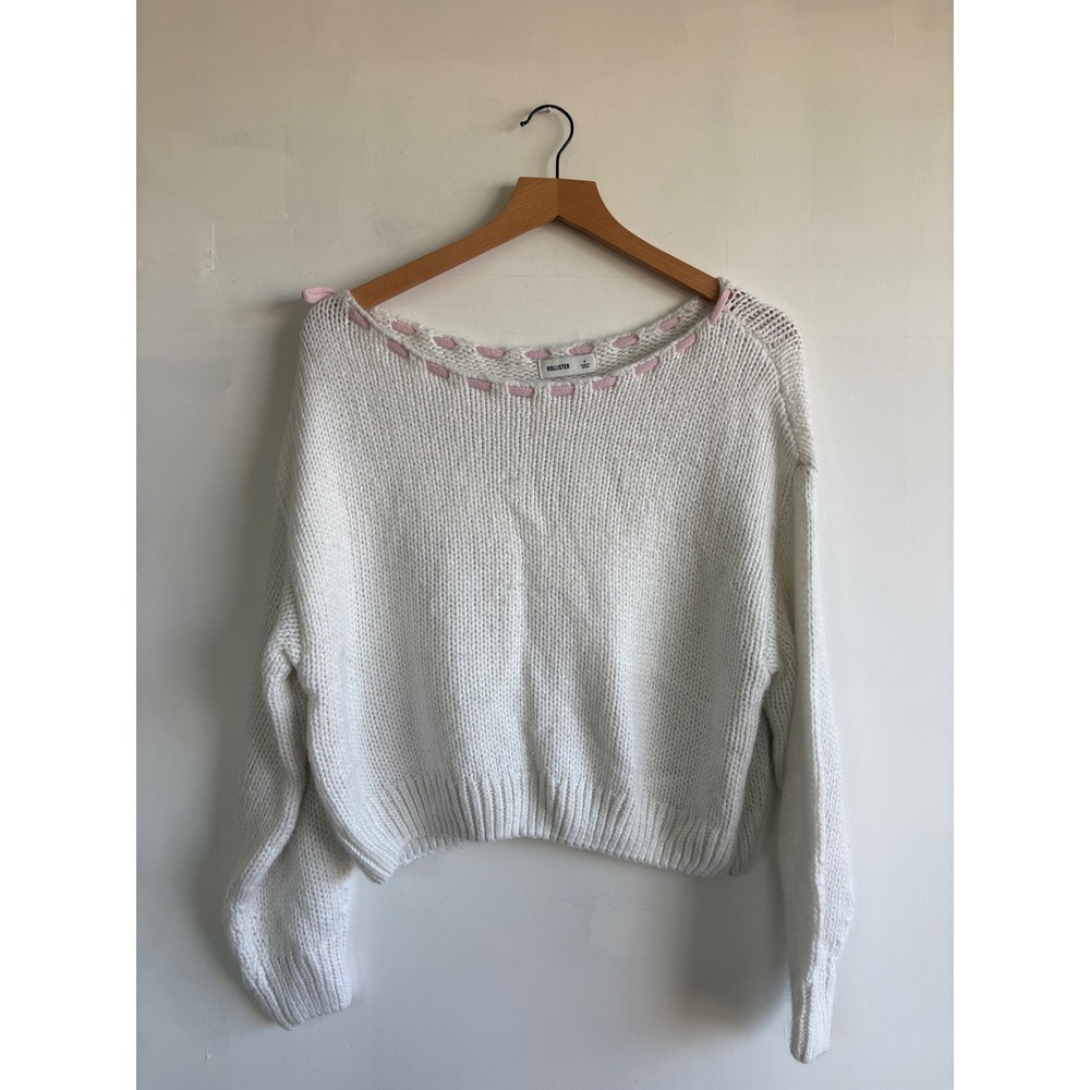 Hollister White Chunky Knit Sweater Pink Ribbon Tie Shoulder Cropped Small